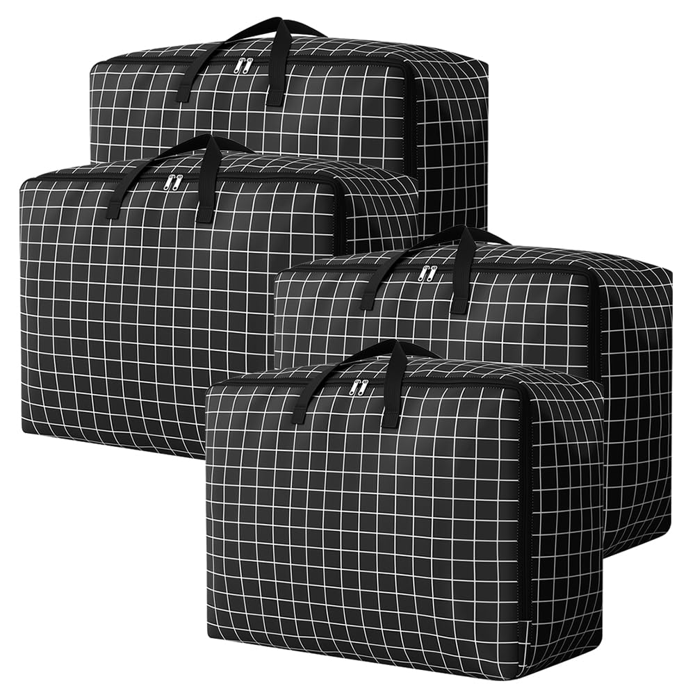 Vurixfo Black 4 Pack Moving Bags, Extra Large Storage Boxes With Lids 105L Large Storage Bags With Zips King Size Oxford Cloth Moving Laundry Bags Bedding Underbed Storage Bag For Clothes Moving,