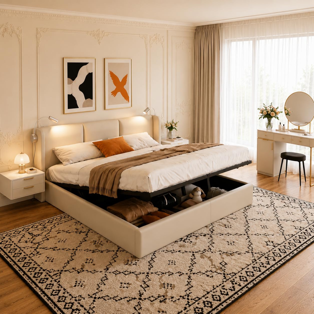 PerGar Cama Matrimonio 160x200, Cama 160x200 con almacenaje, Canape con Cabecero, Camas matrimoniales con luz de Lectura y somier, Moderne Camas Juvenil, Hidráulica Espacio, Lino, Beige, Sin Colchon