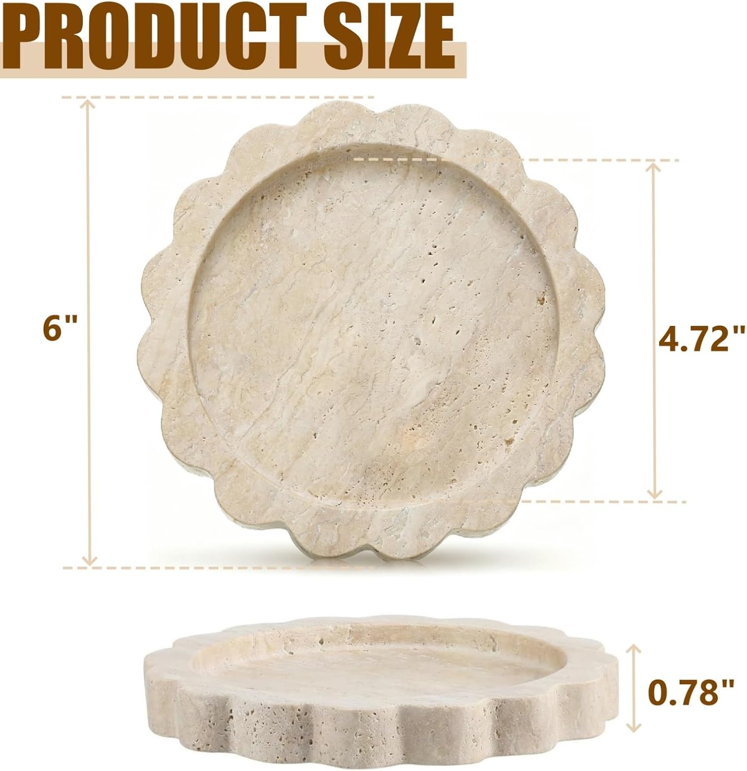 6" Natural Marble Candle Plate, Elegant Travertine Candle Tray for Countertop, Solid Feel -Marble Flat Candle Holder Round Scalloped Decorative Tray for Jar Pillar Candles, Perfume, Jewelry Dish