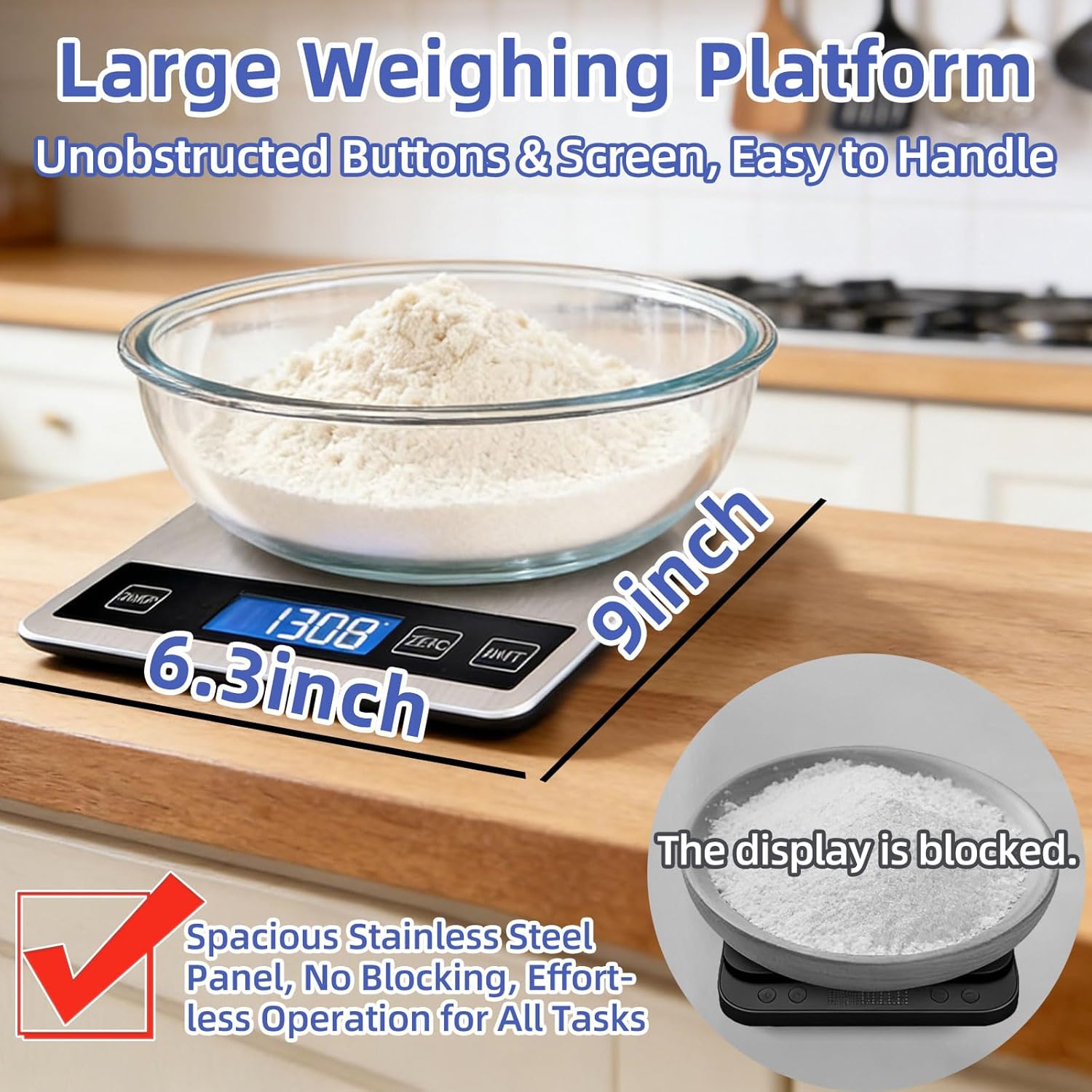 33lb Digital Kitchen Scale, Food Scale with USB Rechargeable & Batteries, 1g/0.05oz Precision, Waterproof Stainless Steel Platform, Weight in g oz lb ml for Cooking Baking Meal Prep