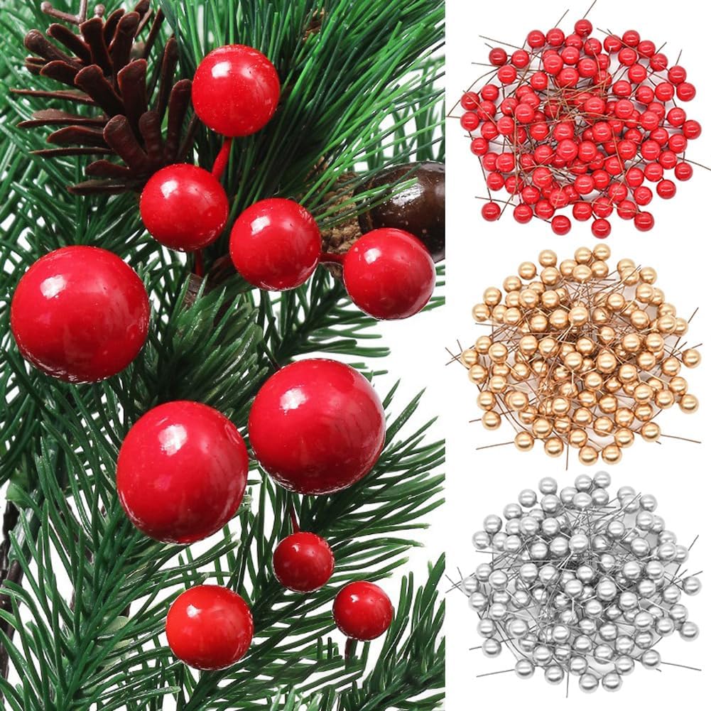 Queenbox 0.39in 1000Pcs Artificial Fruit Berry Holly, Mini Foam Berry Wire Stem Pick for Christmas Tree Garland Flower Wreath Wedding Party Vase, Red