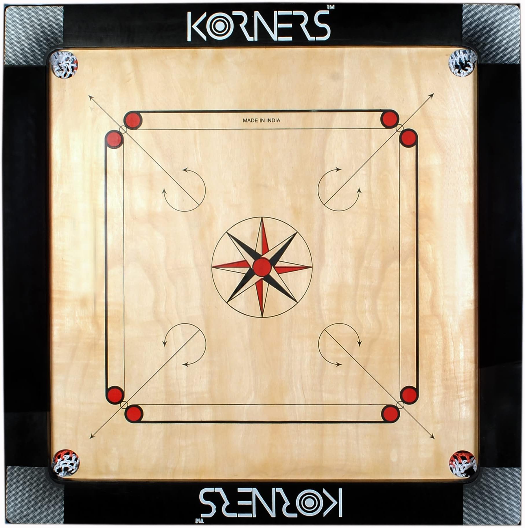 KORNERS Sky Champ Club Size Extra Large Cross Pocket Carrom Board with Coins, Striker & Powder