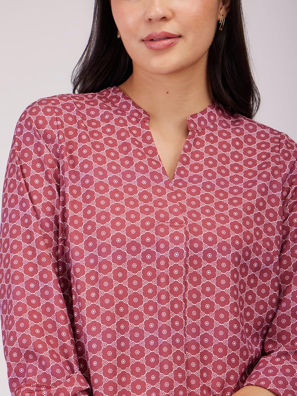Image of FableStreet Women Shirt Work & Casual | Relaxed Fit Mandarin V-Neck Three-Quarter Sleeves Solid Pattern | Breathable Woven Fabric for Office & Everyday Wear