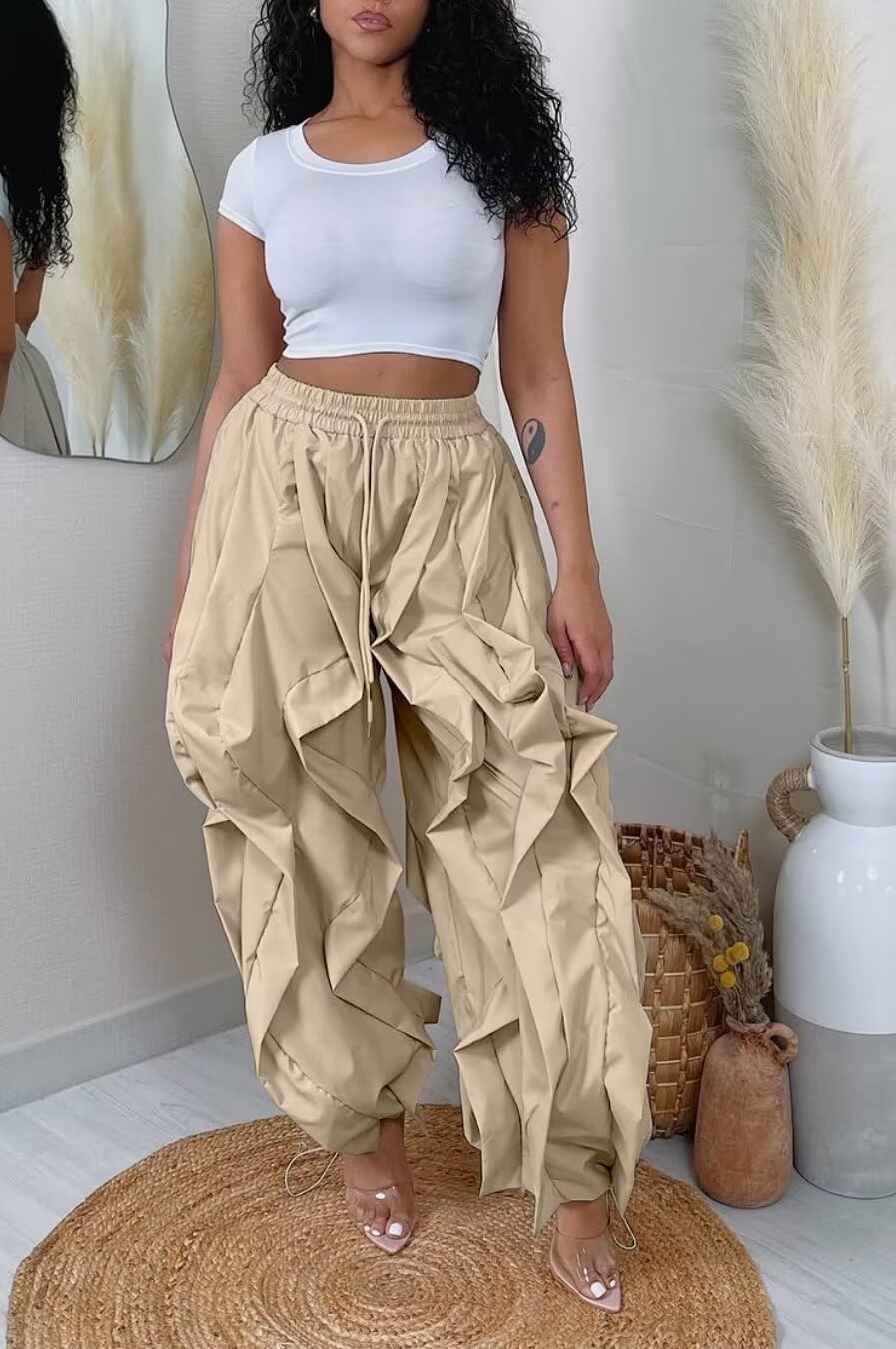 LROSEY Women Baggy Ruffle Wide Leg Pants Trendy Casual Y2k Drawstring Cargo Joggers with Pockets