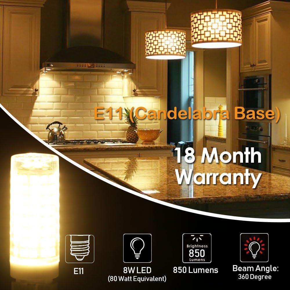 [4-Pack] E11 LED, All-New (102LEDs) E11 Led Bulbs, 8W 75W-100W Equivalent, 850 LM, Warm White 3000K, Dimmable,E11 Mini Candelabra Base, JD T3/T4 360 Degree Beam Angle for Indoor Decorative Lighting.