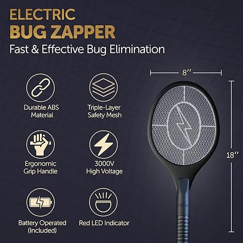 Miniatura 2 de Raqueta matamoscas eléctrico y exterminador de mosquitos para control de insectos en interiores y exteriores, raqueta de tenis a pilas Zap, ligera y