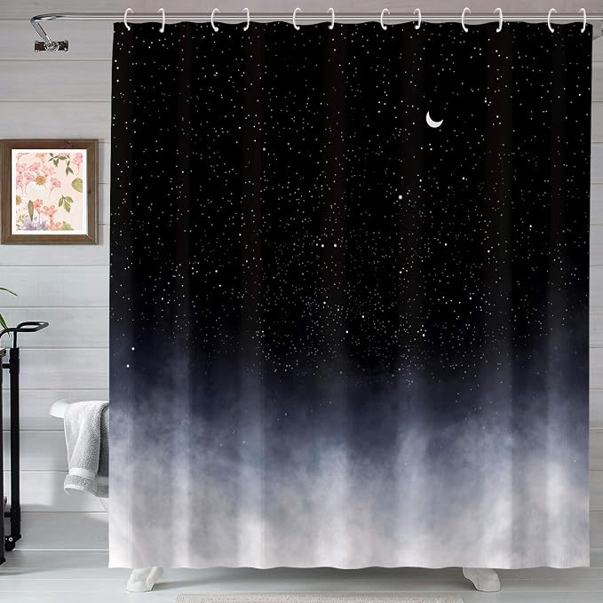 Neasow Black Shower Curtain,Stars and New Moon Bathroom Curtain Night Starry Sky Shower Curtains