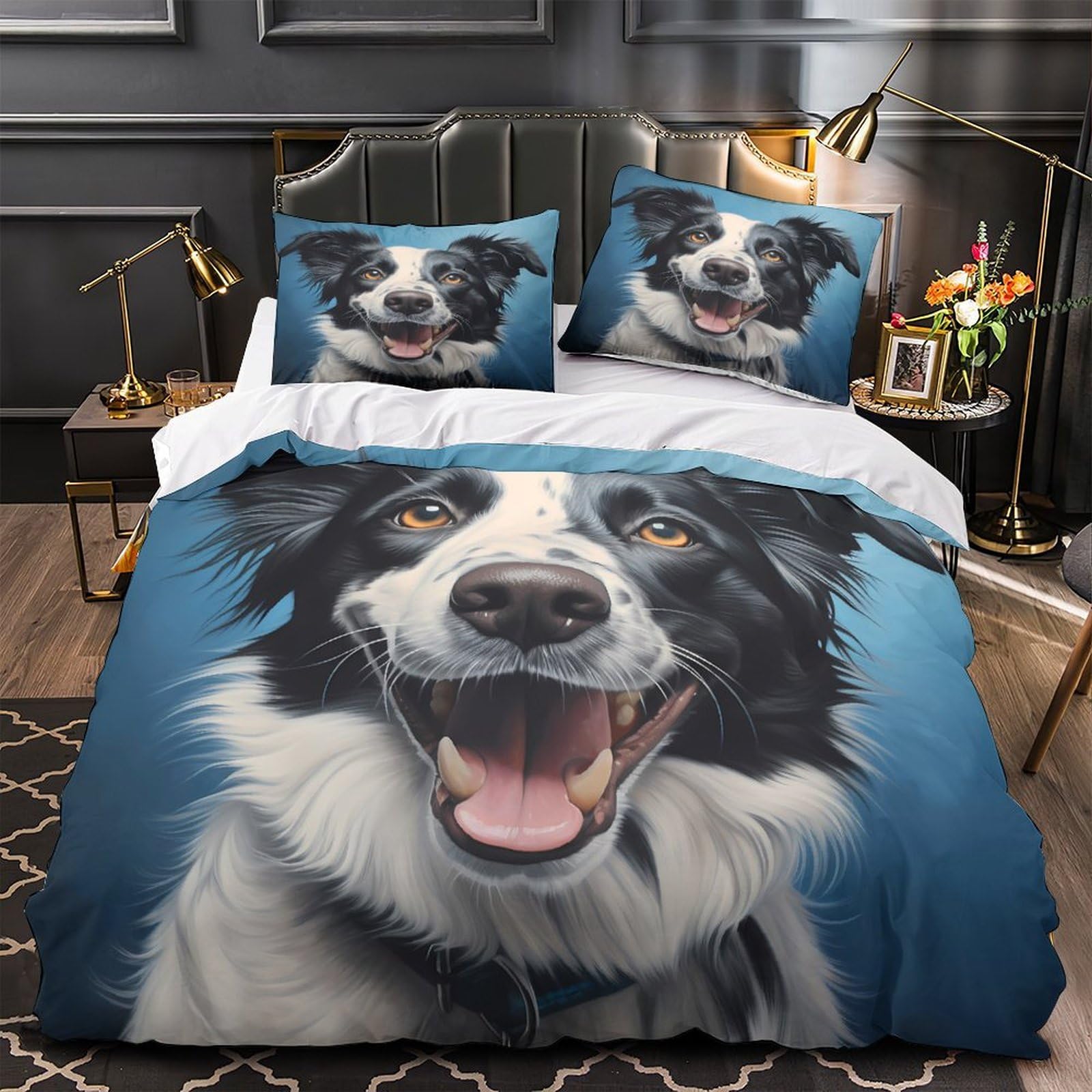 Housse de couette 2 taies éclair déco chambre enfant avec motif de chien heureux imprimé 3D