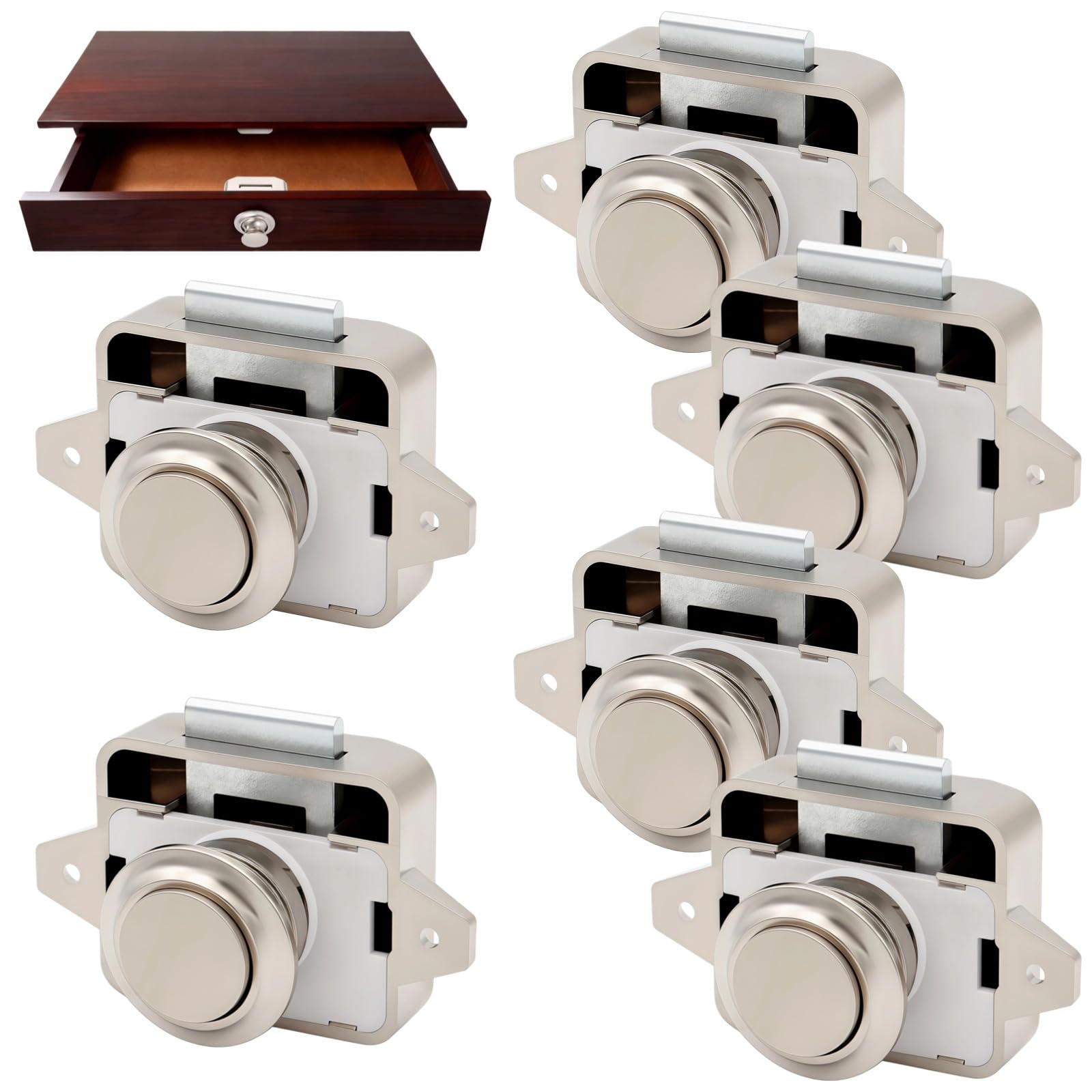 6 Sets Druckknopf-Verschlüsse, schlüssellose Push Locks für RV Schublade und Schranktür, Set mit Schließplatten und Schrauben, Kunststoff mit Metalloptik für Wohnmobil, Caravan, Camper