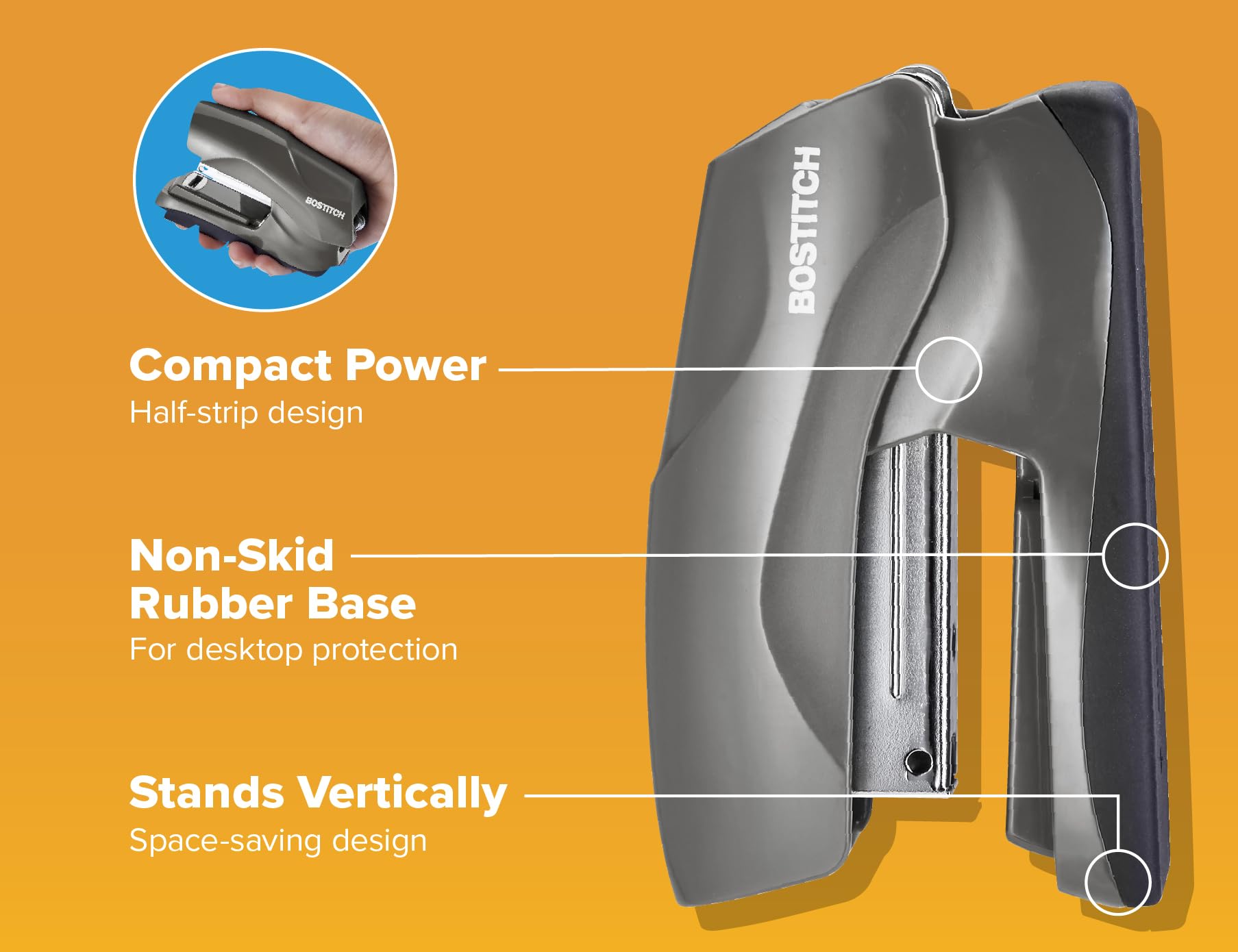 Bostitch Office - Grapadora resistente de 40 hojas con 1250 grapas y removedor de garras, tamaño pequeño, cabe en la palma de tu mano, paquete económico, gris (B175-GRAY-VP)