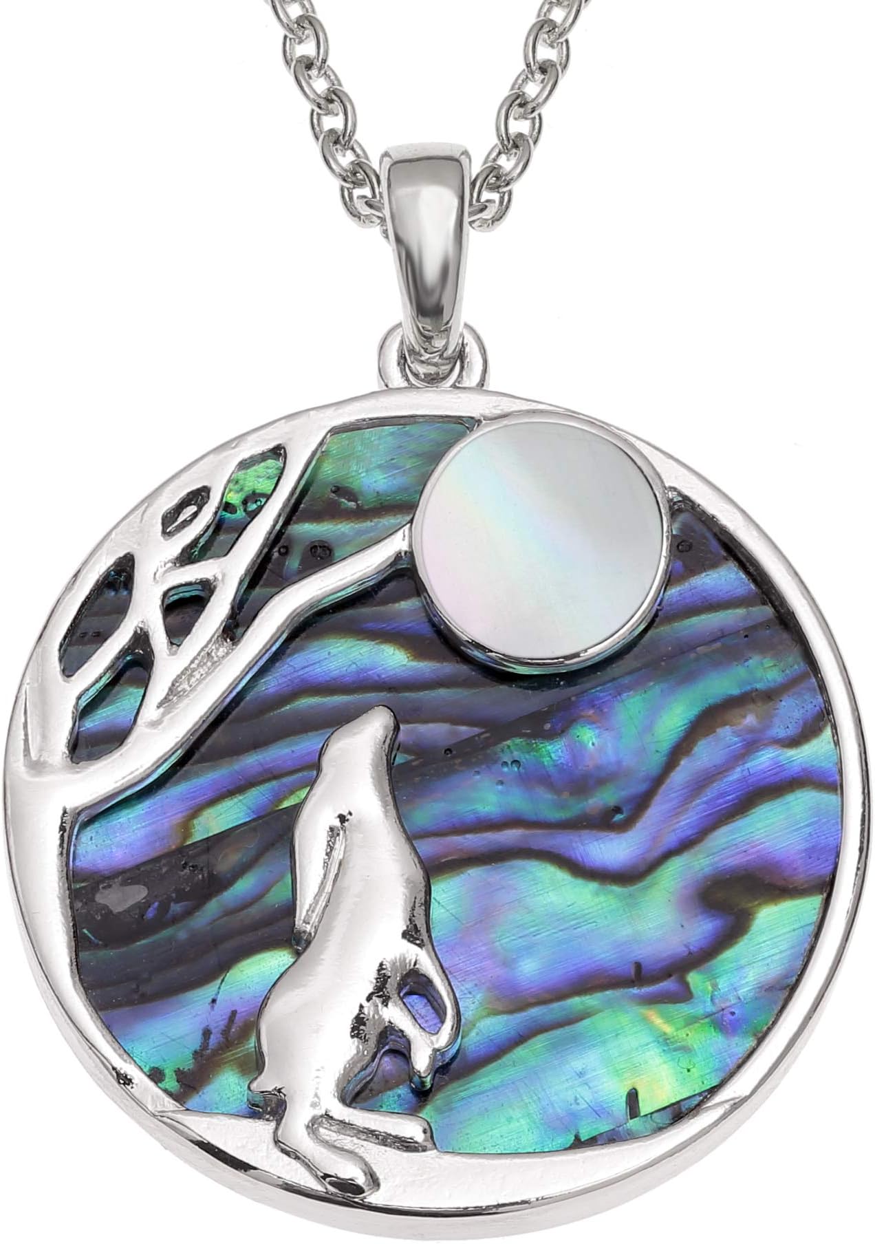 Reversible Hare Gazing At Moon Pendant Necklace On A Disc Of Green Paua Abalone Shell & Mother Of Pearl Moon, on 18" Trace Chain.