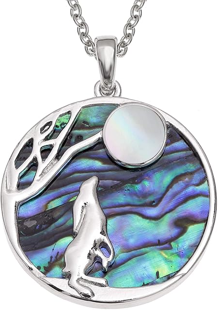 Kiara Jewellery Reversible Hare Gazing At Moon Pendant Necklace On A Disc Of Green Paua Abalone Shell & Mother Of Pearl Moon, on 18" Trace Chain.