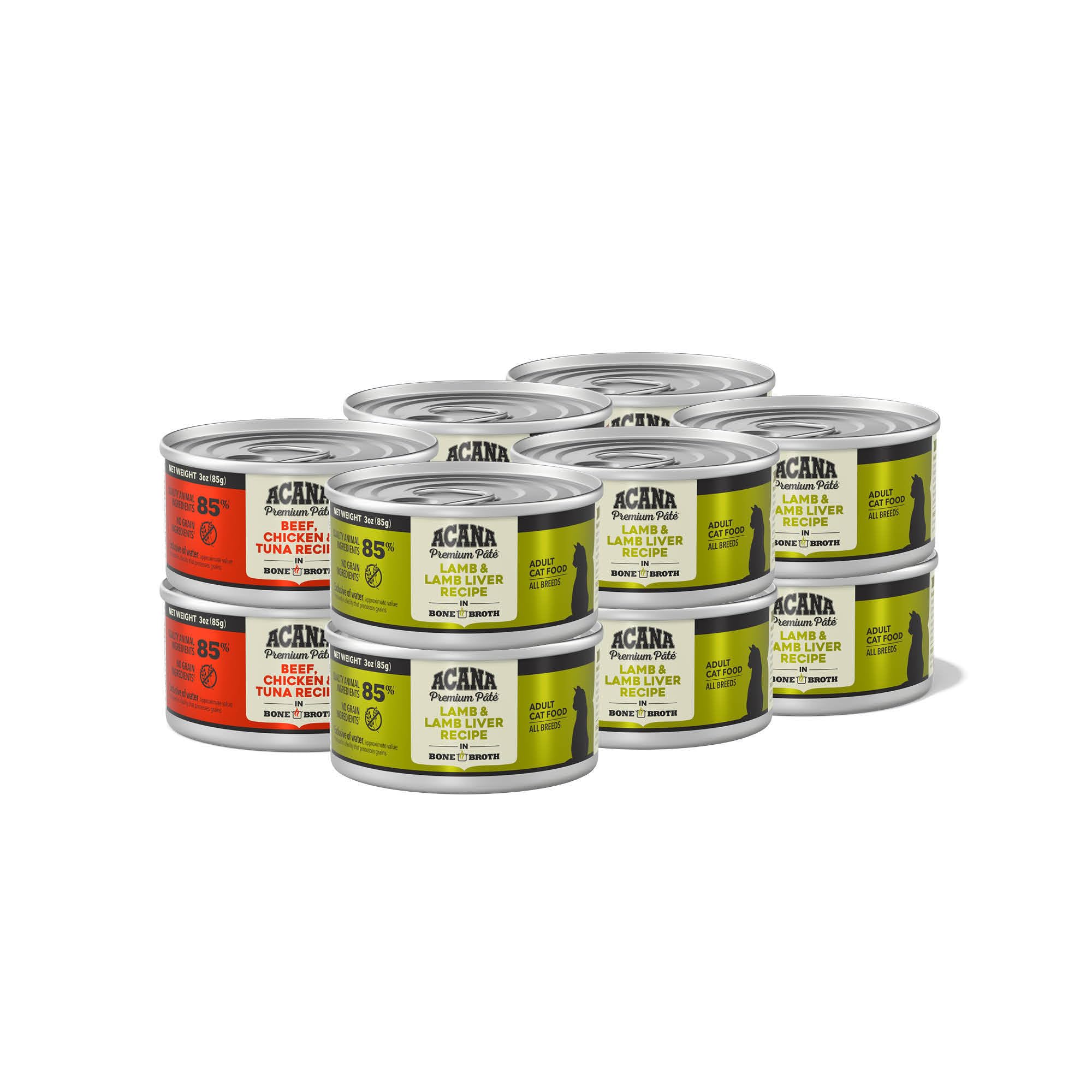 ACANAPremium Pate Wet Cat Food in Bone Broth Variety Pack: Beef Chicken & Tuna + Lamb 3oz Cans (12 Count, 6 of Each)