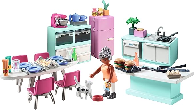 Playmobil 71608 myLife: Kitchen with dining place, fully equipped kitchen for detailed role-playing, made from over 80% recycled and bio-based materials, play sets suitable for children ages 4+