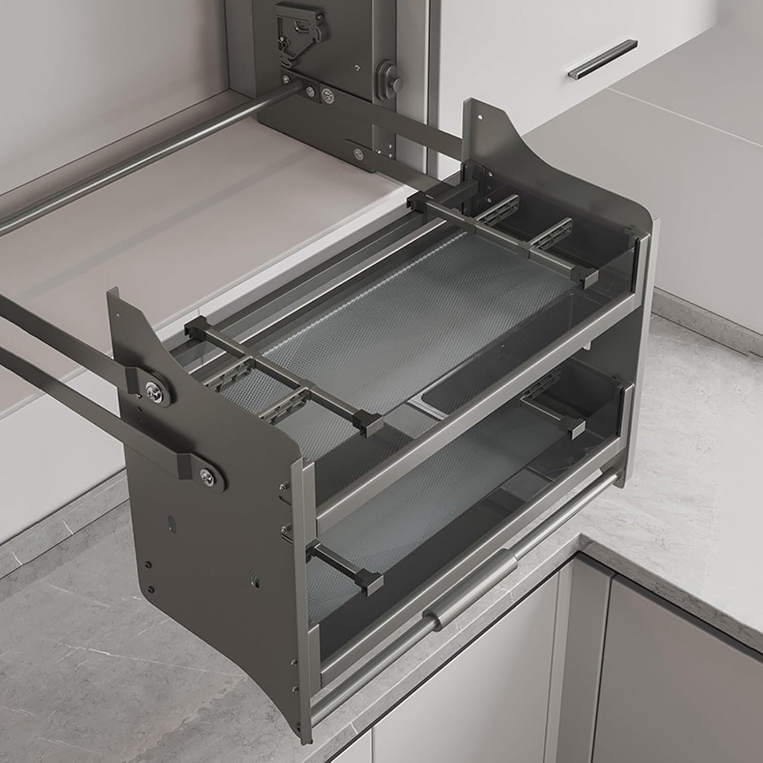 OLSKFUH 2-Tier Wall Pull-Out Shelf Aluminium Telescopic Shelf For Upper Cabinets Pull-Down Spice Rack With Adjustable Dividers 4 Bearing Weight,86 * 26 * 53cm