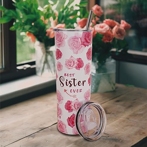 Miniatura 5 de Vaso para hermanas de parte de la hermana, bonito vaso floral rosa con tapa y popote, regalos de cumpleaños para hermanas de parte de la hermana,