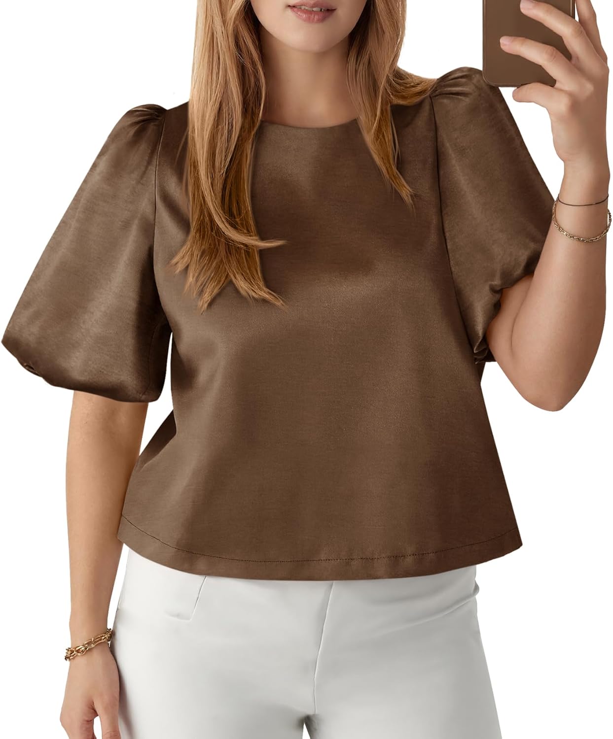 Tankaneo Womens Satin Silk Blouses Puff Short Sleeve Dressy Casual Tops Loose Fit Crew Neck Cropped Shirts