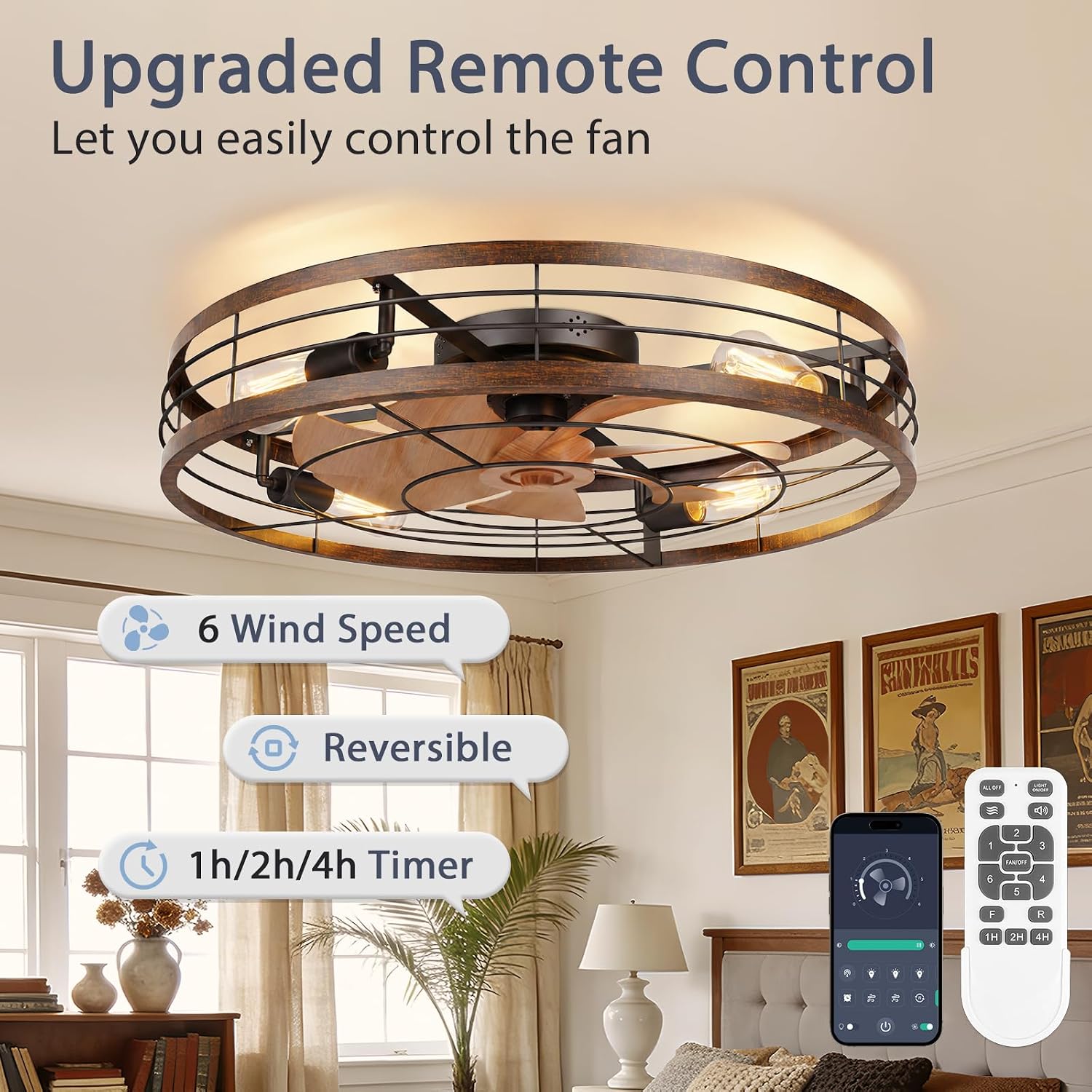 volisun 27.6'' caged ceiling fan with light and remote,rustic low profile ceiling fan with light flush mount, farmhouse bladeless fandelier ceiling fans with lights for kitchen,bedroom-gold gold 27.6 inch