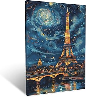 Eiffel Tower Canvas Wall Art Starry Night Paris Pictures Wall Decor for Bathroom Living Room Bedroom Office,Abstract Eiffel Tower Painting Print Home Modern Artwork Framed Decoration 12 x 16 inch