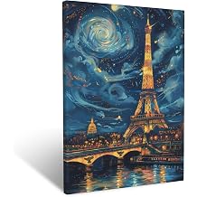 Eiffel Tower Canvas Wall Art Starry Night Paris Pictures Wall Decor for Bathroom Living Room Bedroom Office,Abstract Eiffel Tower Painting Print Home Modern Artwork Framed Decoration 12 x 16 inch