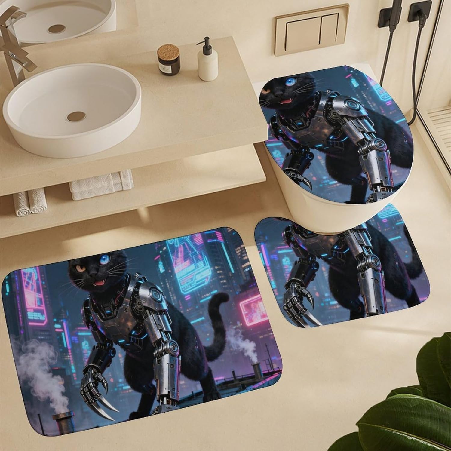 4 Piece Bathroom Rug Set with Shower Curtain, Non-Slip Bath Mat Toilet Cover Set, Mechanical Cat Bathroom Rug Sets