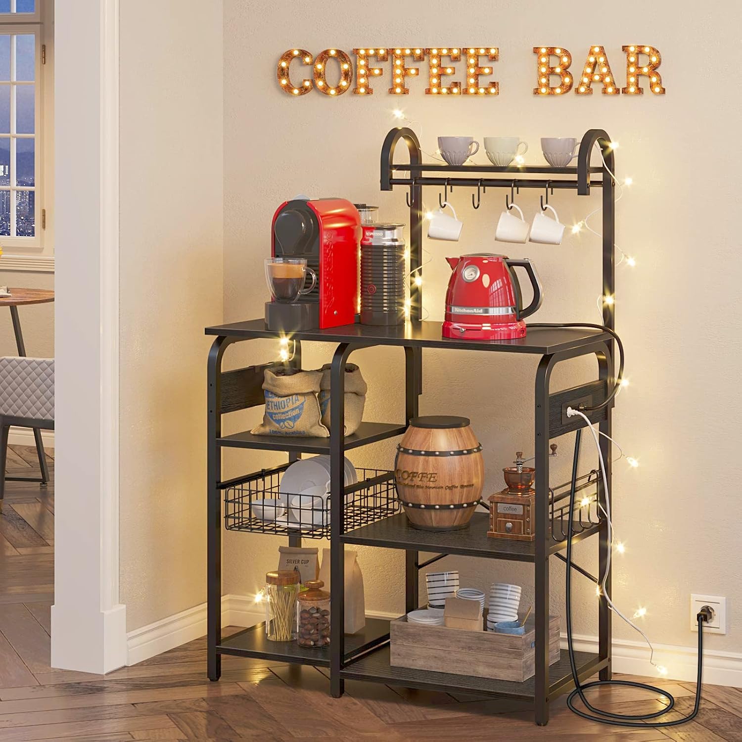Rolanstar Baker's Rack with Power Outlet, Coffee Bar with Pull Basket, 6-Tier Kitchen Storage Rack with 13 Hooks, Microwave Stand, Freestanding Utility Stable Rack, Black