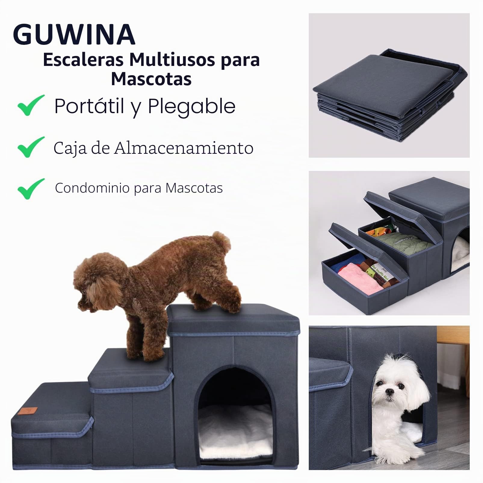 Escalera para Perros de 3 Peldaños, Portátiles Extraíble Escalera para Mascotas con Cajas de Almacenamiento, Rampa Mascotas con Fondo Antideslizante, para Perros Pequeños, Gatos (Azul)