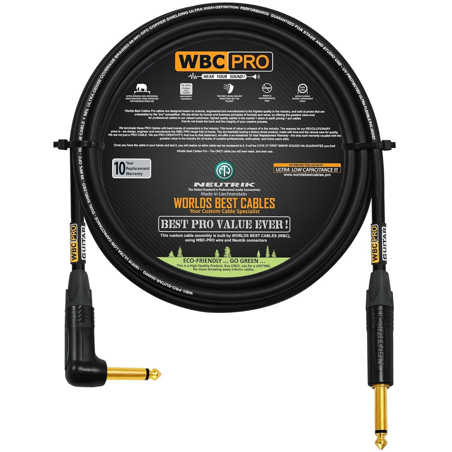 WBC-PRO-GUITAR, 4 metros, 20 AWG, tapa baja (18 pF/ft) - Grado profesional - basado en grafito - Cable de guitarra de doble blindaje, bajo, instrumento con conectores Neutrik recto a ángulo de 6,35 mm