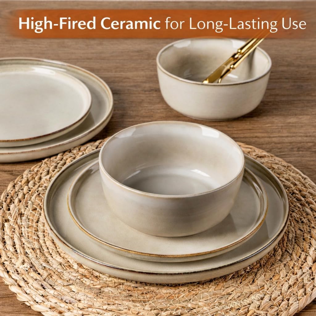 AmorArc Stoneware Dinnerware Sets,Round Reactive Glaze Plates and Bowls Set,Highly Scratch Resistant | Dishwasher & Microwave Safe Dishes Set,Service for 4 (12pc)
