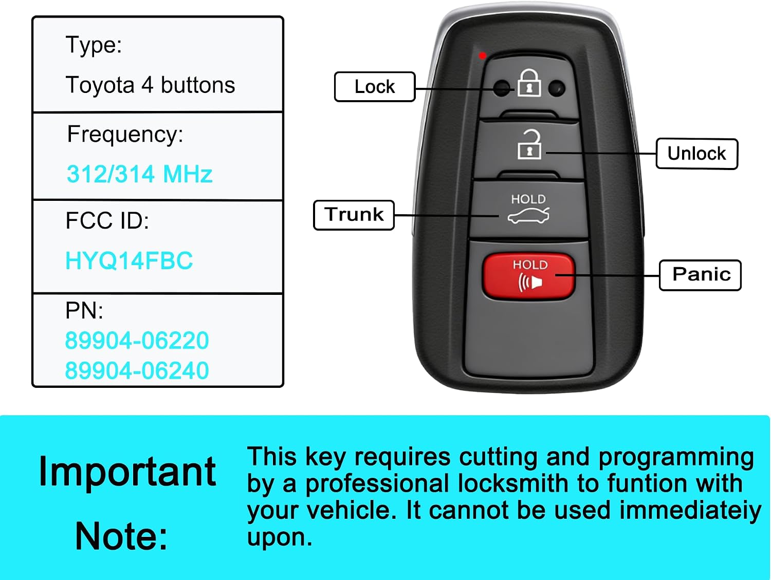Smart Key Fob for Toyota Camry 2018-2024, YIKEBALOG Keyless Entry Proximity Remote Control Key Fob Compatible with Toyota Camry 2018-2024 HYQ14FBC 231451-0351 89904-06220 89904-06240