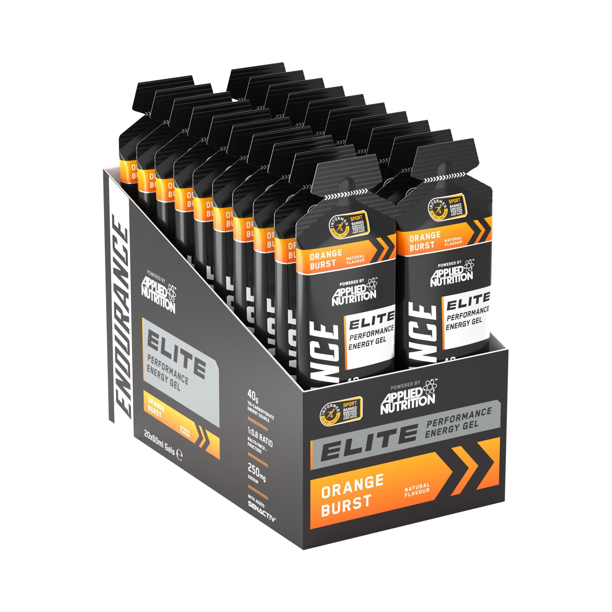 Applied Nutrition Endurance Elite Energy Gel - 40g Tri-Carb Fuel (Maltodextrin, Fructose & HBCD) 1:0.8 - Electrolytes 250mg Sodium with Senactiv (Pack of 20 x 60ml) (Orange Burst)