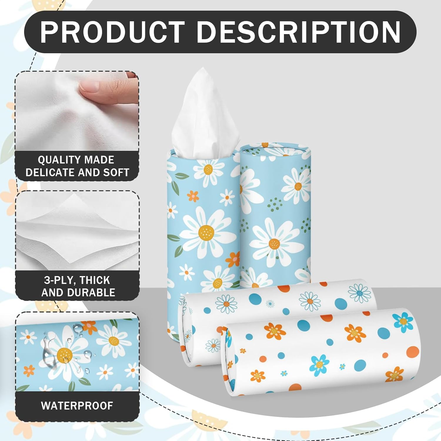 Arttown Car Tissue Holder for Cup Holder,Facial Tissues Bulk 3-Ply,Refillable Daisy Flowers Blue & White Cylinder Tissue Boxes,Fit Car Home Office School,12 Pack (600 Sheets Total,50 Sheets Each)
