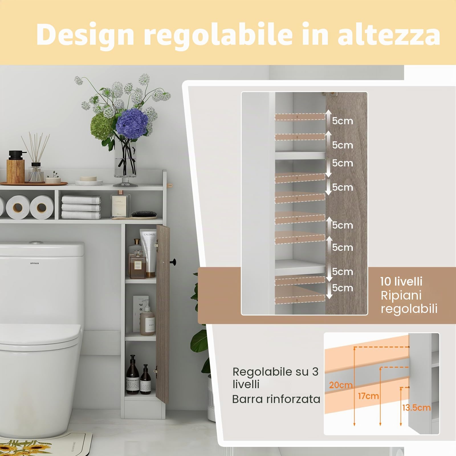 LIFEZEAL Armadietto WC a 5 scomparti, salvaspazio in legno, mensola da bagno con porta, scaffale per lavatrice, armadietto per WC
