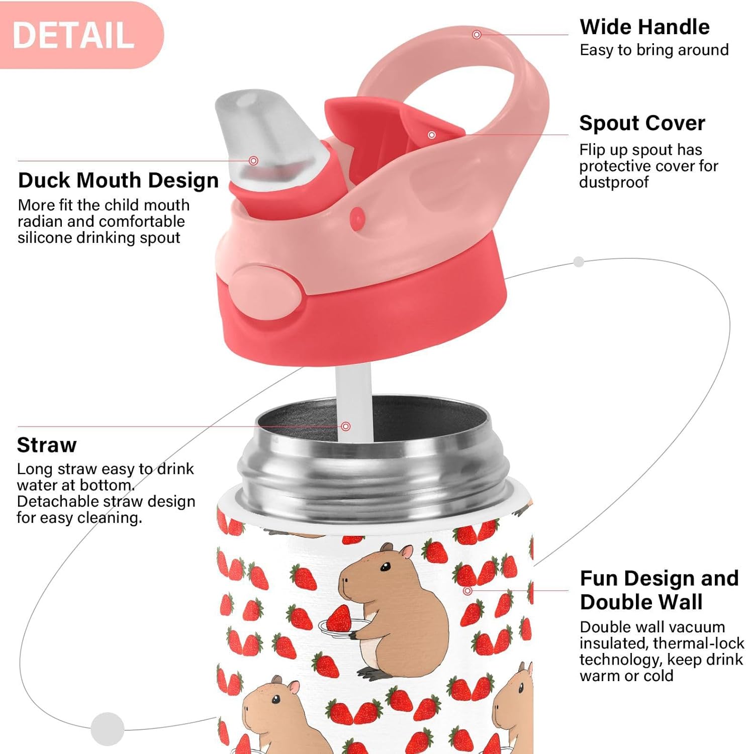 ALAZA Cute Capybara Animal Kids Water Bottles with Lids Straw Insulated Stainless Steel Water Bottles Double Walled Leakproof Tumbler Travel Cup for Girls Boys Toddlers 12 oz,Pink