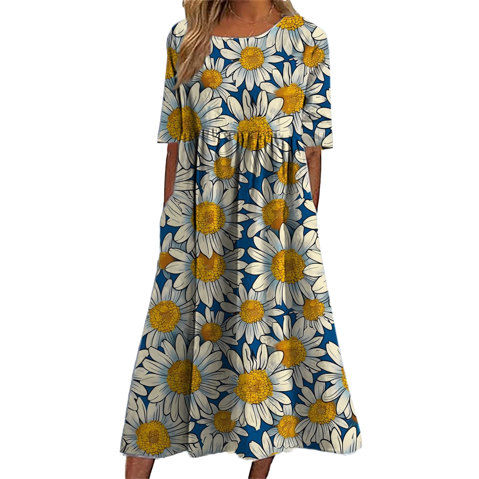 Bengbobar Women's Boho Floral Maxi Dress Casual Vacation Flowy Cotton Linen Short Sleeve Summer Tshirt Dresses with Pockets