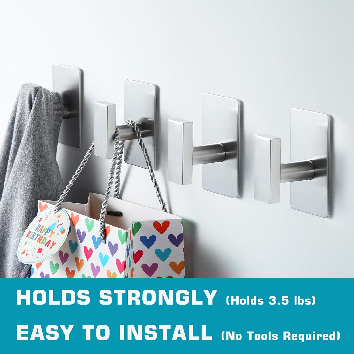 (4-Pack) Adhesive Towel Hooks for Bathroom, Stainless Steel Heavy Duty Sticky Wall Hooks for Bathroom Kitchen Hanging Towels, Coats, Clothes (Brushed Nickel)