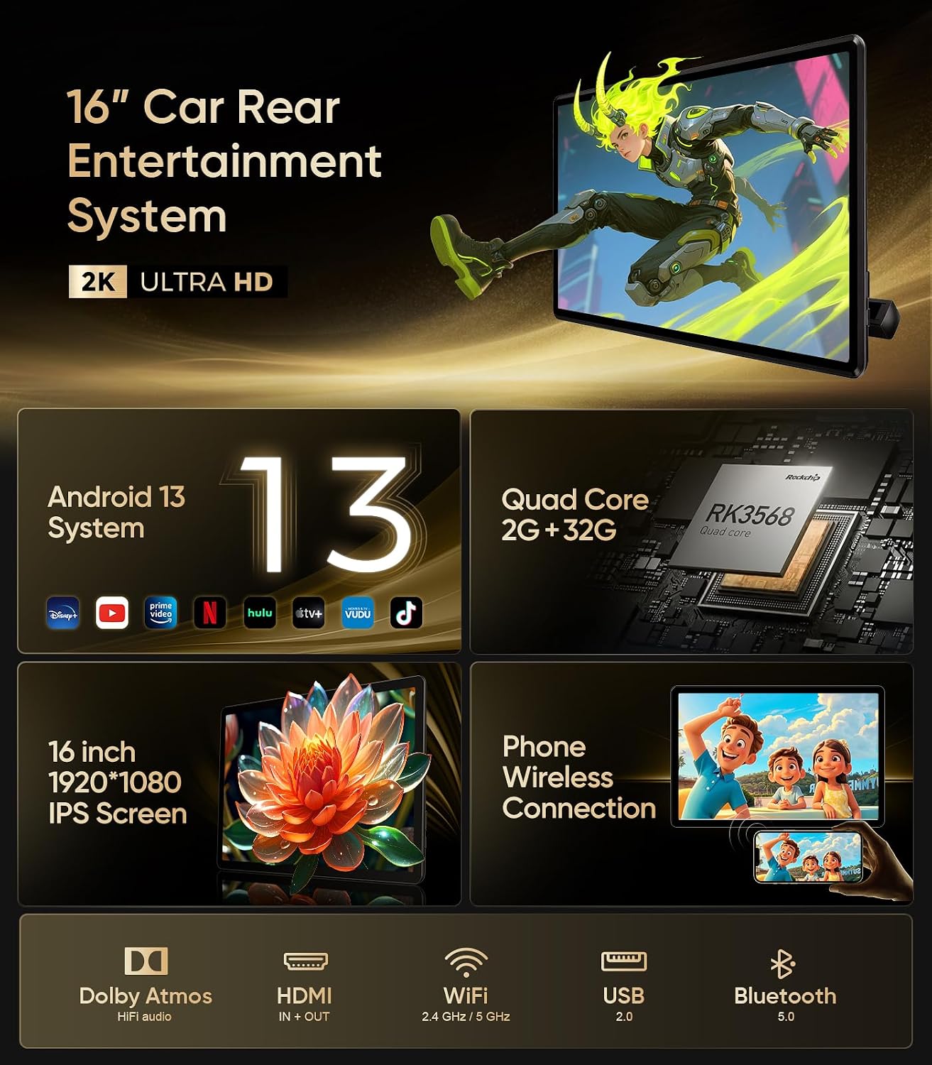 16” Android 13 Car TV Headrest Monitor,Car Back Seat Entertainment System image 2