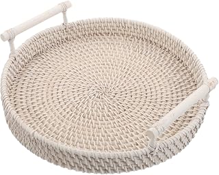 VICASKY Woven Rattan Serving Tray with White Handles 24cm – Handwoven Decorative Organizer for Bread, Fruit, Guest Towels, Kitchen and Coffee Table Storage