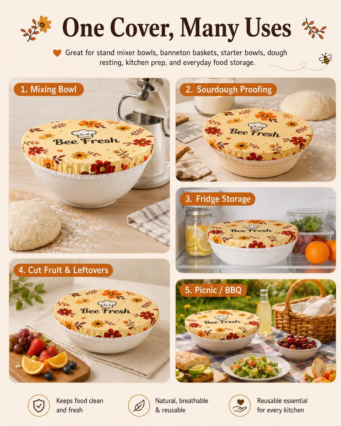 Beeswax Bowl Covers for Sourdough Proofing, 2 Pack Reusable Bread Proofing Covers, 12 inch Elastic Beeswax Food Covers, Bread Making Essentials & Baking Supplies