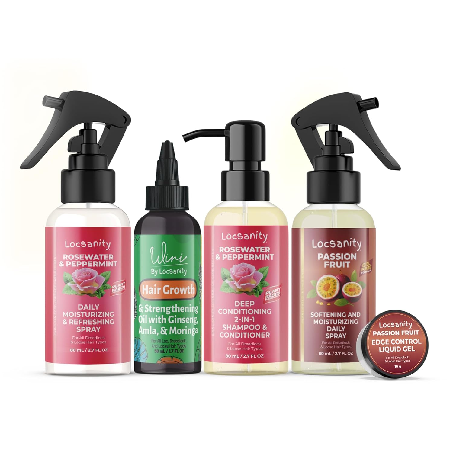 Locsanity Organic Teen Locs Essentials Kit - Moisturizing 2-in-1 Shampoo & Conditioner, Passion Fruit Spray, Hair Oil, Rosewater Peppermint Tightening Gel, Liquid Edge Gel for Smooth, Fresh Hair
