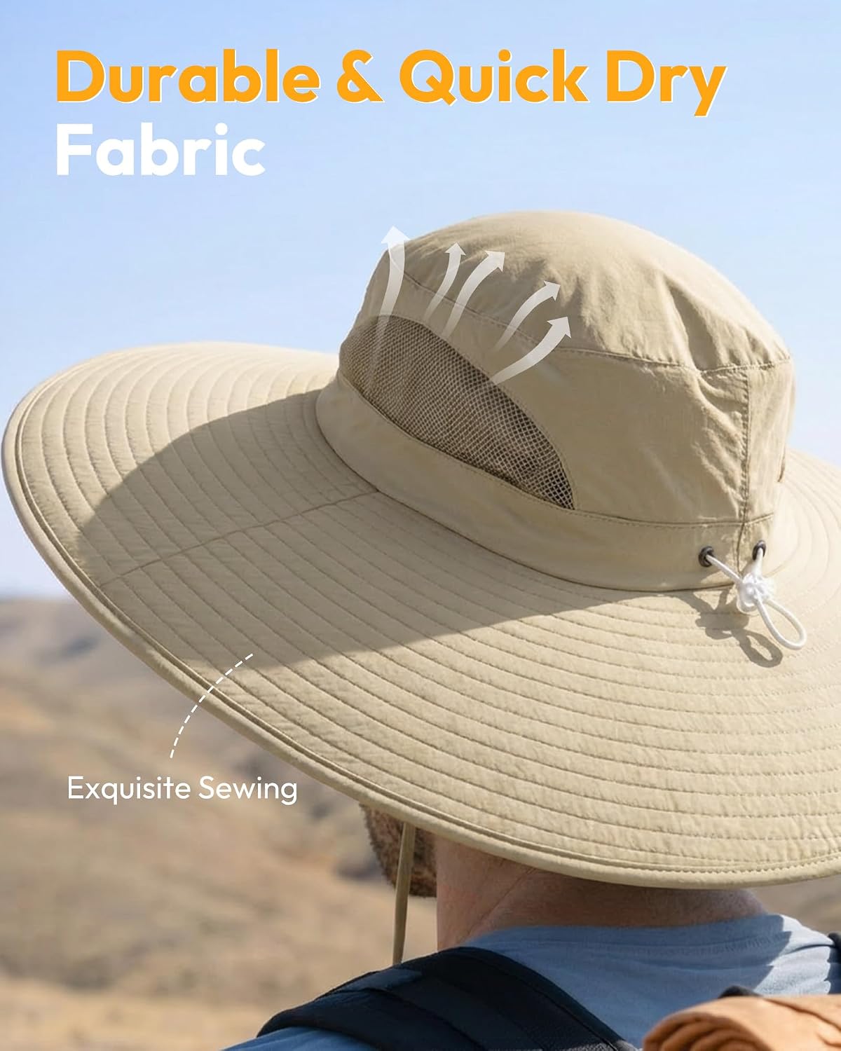 Mens Sun Hat Super Wide Brim Waterproof Breathable Bucket Hats for Men Fishing, Hiking, Camping Sun Hats for Men Khaki