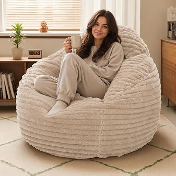 Simple Deluxe 3.25 ft Faux Fur Memory Foam Bean Bag Chair, Large Comfy Lazy Chair for Adult with Memory Foam Filled & Washable Cover, Perfect for Reading Gaming in Living Room Bedroom, Taupe