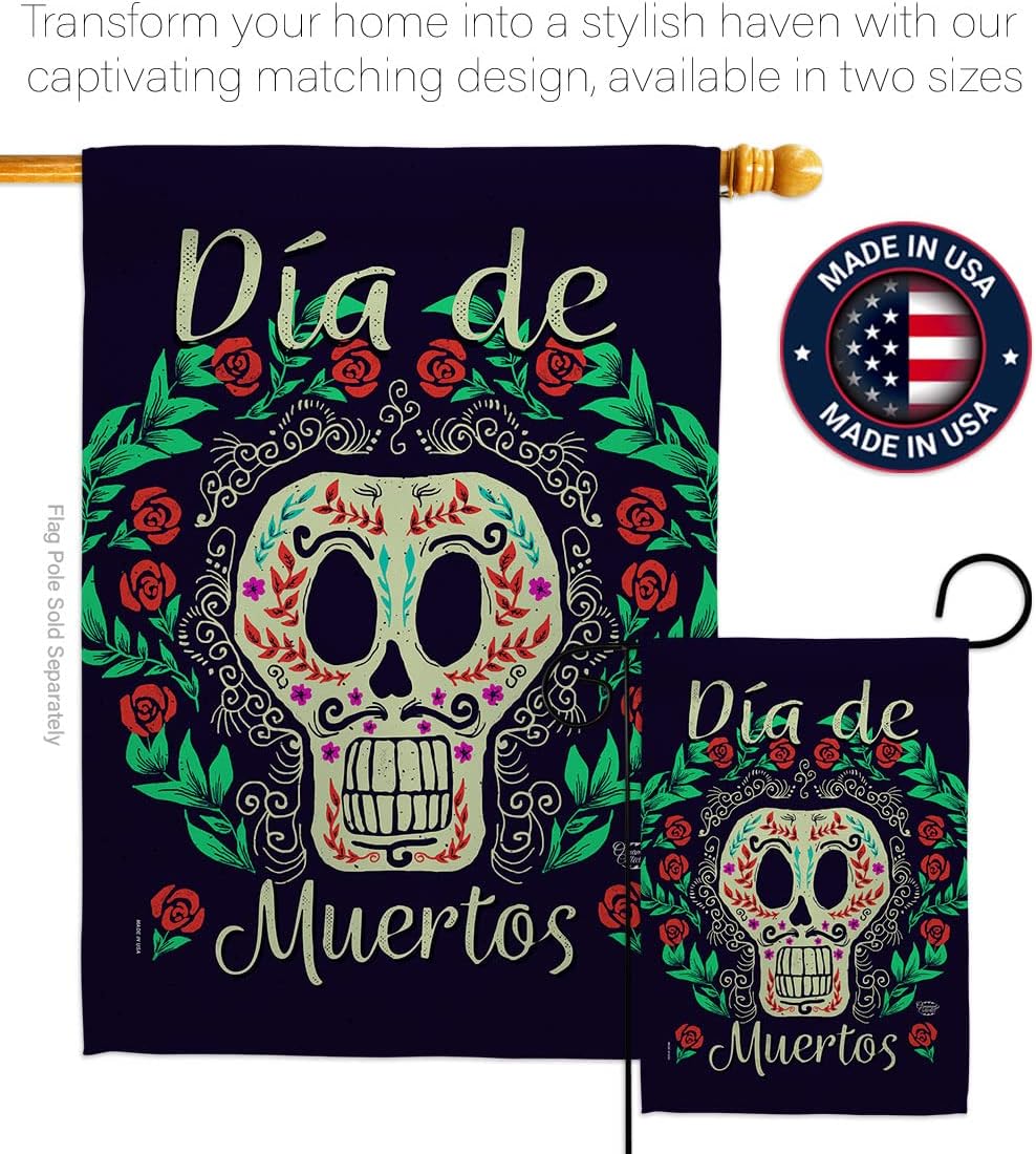 HS192074-BO-03 Dia de Muertos Skeleton Fall Halloween Decorative Vertical House, Thick Fabric, Large Flag Set w Indoor Hanger