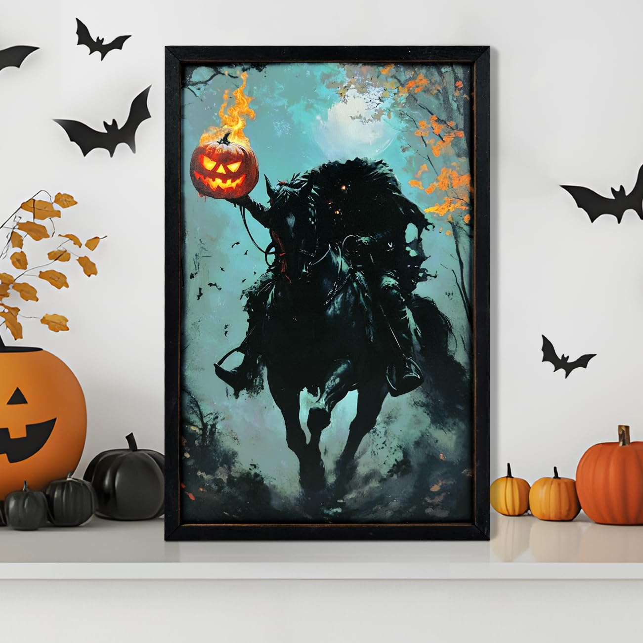 Halloween Decor Wall Art,Headless Horseman with Jack O'Lantern Art Poster,Dark Gothic Wooden Painting,Legend Sleepy Hollow Inspired Halloween Samhain Poster Painting