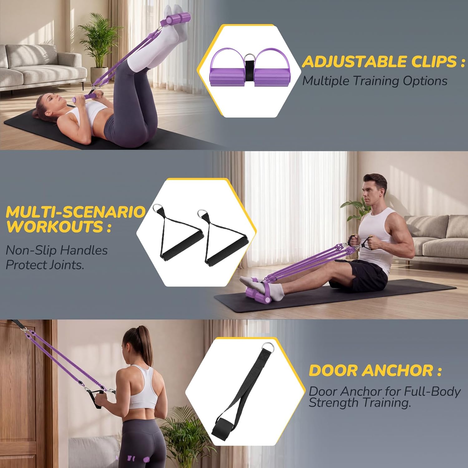 Upgrade Foot Pedal Resistance Bands with Handles, 4 Tube Adjustable Resistance Bands for Abdomen, Waist, Arm, Core/ABS, Leg Workout - Stirrup Puller for Men Women for Full Body Workout, Purple