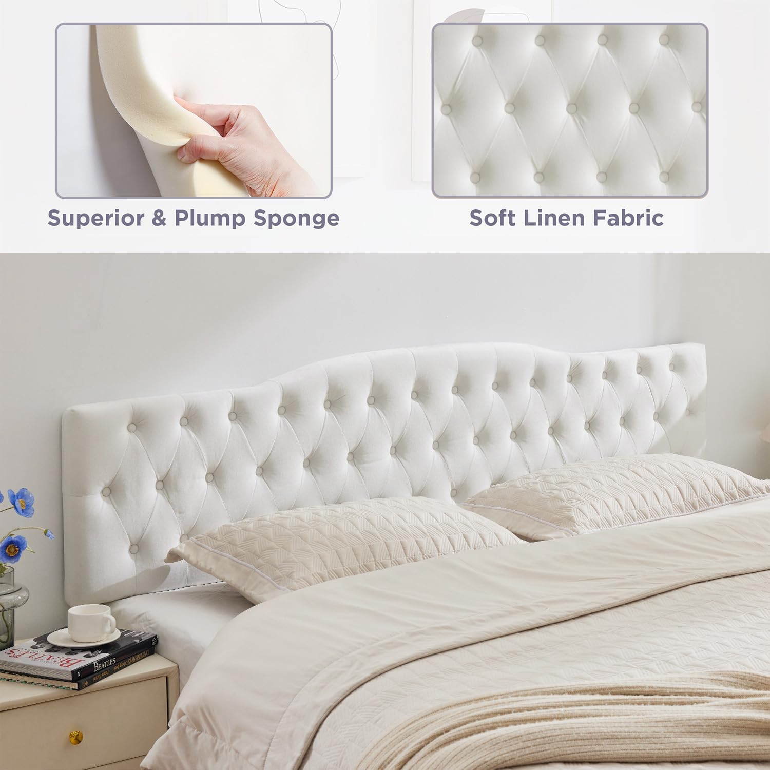 Iroomy Upholstered King Headboard, Button Diamond Tufted Headboard with Adjustable Height and Solid Wood Leg, Velvet Padded Headboards for King Size Bed, Modern Head Board, White
