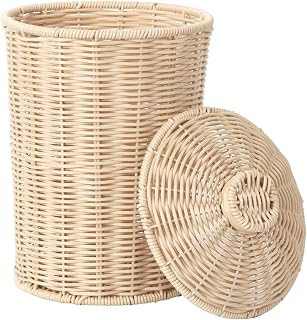 GRANNY SAYS Wicker Small Bathroom Trash Can with Lid, 2 Gallon Cute Decorative Waste Basket for Bedroom and Dorm, Office Garbage Cans for Under Desk, Mini Round Trash Bin for Decor, Off White