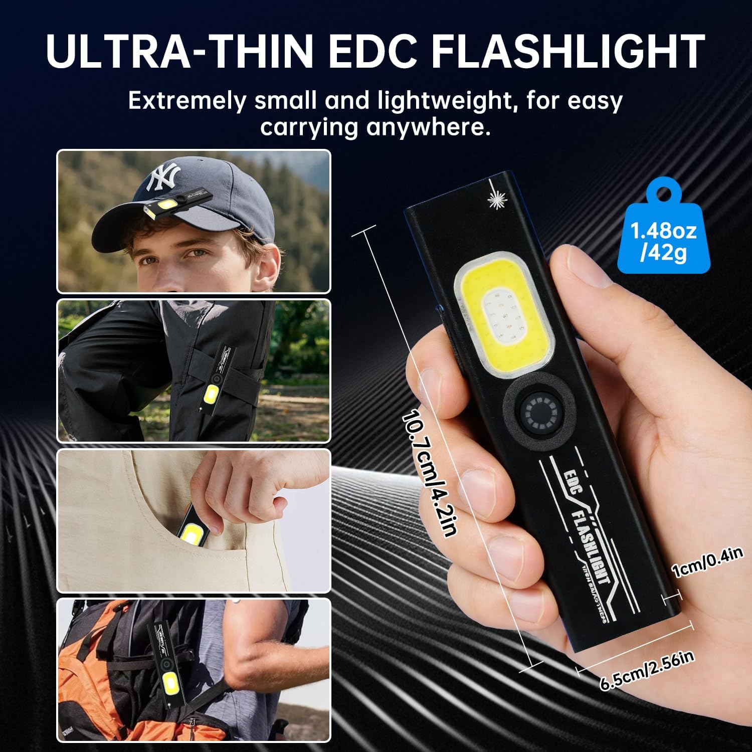 Small UV Rechargeable Flashlight EDC Flat Tactical Flashlights Powerful High 1000 Lumens with Magnetic and Penlight Waterproof 6 Modes for Camping Emergency Military Work Walking... (Black)