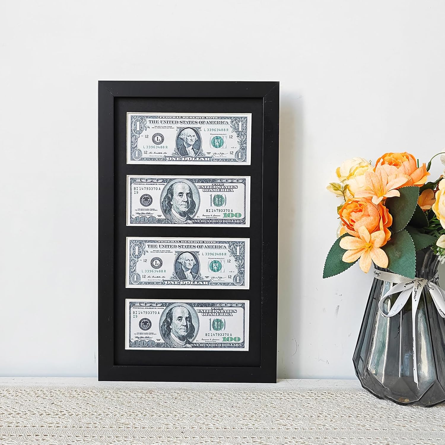 4 Dollar Bill Frame, Wooden Picture Frame 2.5x6 Inch Black Dollar Bill Picture Frame with Mat. Includes Easel and Wall Mount.