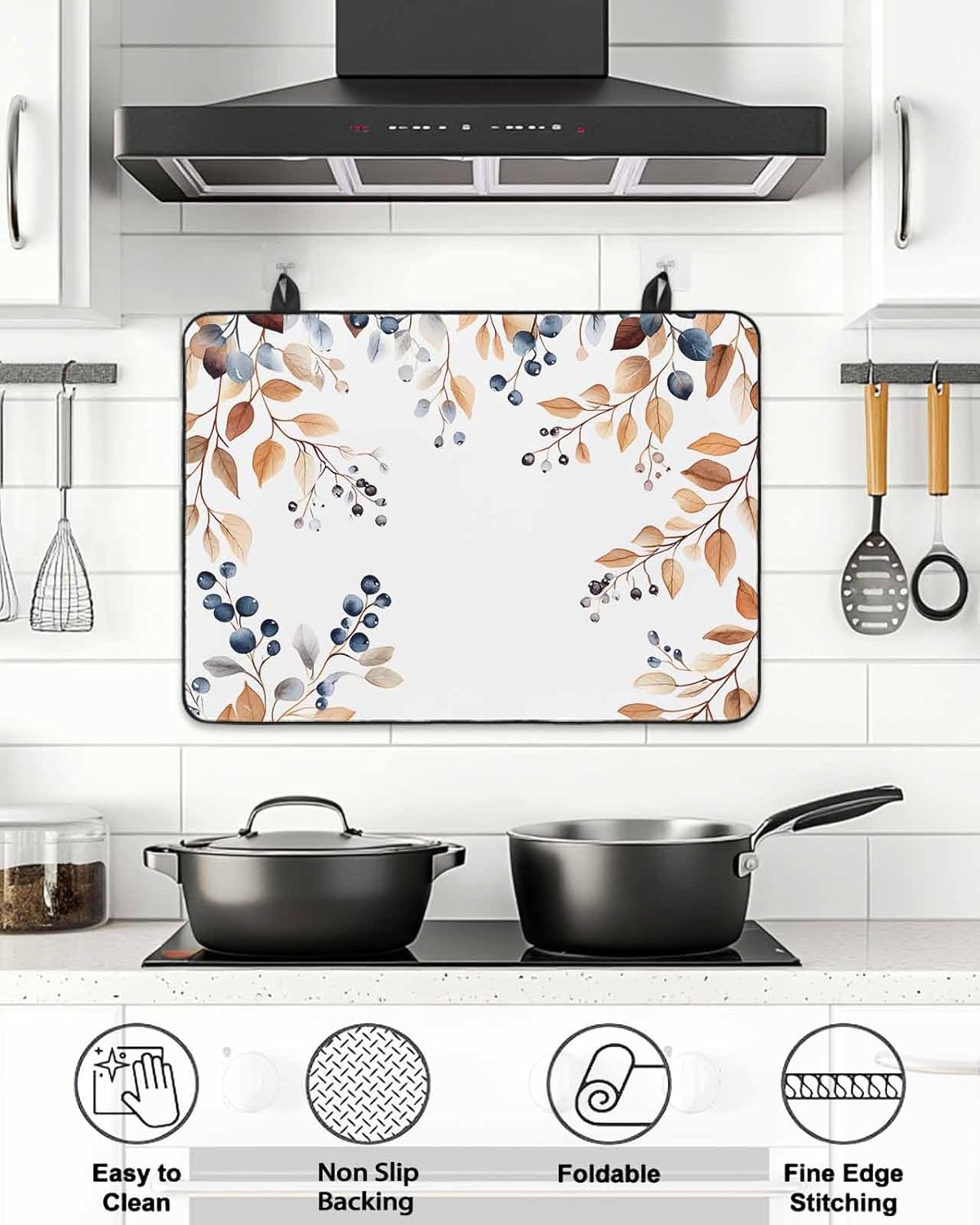 Stove Cover for Electric Stove 24x21 Inch Fall Leaf Yellow Stove Top Cover Berry Leaf Branch Glass Cooktop Covers Anti-Slip & Heat Resistant Countertop Protector Home Kitchen Decor